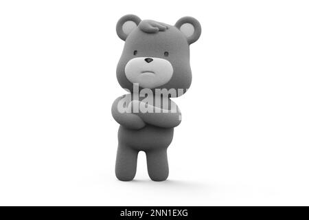 Teddybär mit gekreuztem Arm und verärgertem Gesicht. teddybär isoliert auf weißem Hintergrund 3D-Rendering. Stockfoto