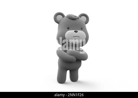 Teddybär mit gekreuztem Arm und verärgertem Gesicht. teddybär isoliert auf weißem Hintergrund 3D-Rendering. Stockfoto