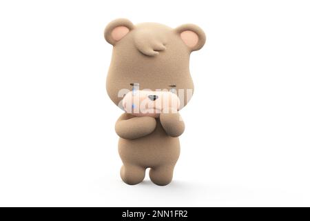 Trauriger und weinender Teddybär. Teddybär mit Tränenfluss isoliert auf weißem Hintergrund 3D-Rendering. Stockfoto