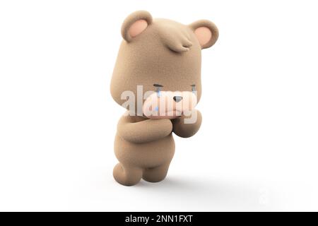 Trauriger und weinender Teddybär. Teddybär mit Tränenfluss isoliert auf weißem Hintergrund 3D-Rendering. Stockfoto