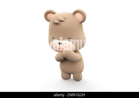 Trauriger und weinender Teddybär. Teddybär mit Tränenfluss isoliert auf weißem Hintergrund 3D-Rendering. Stockfoto