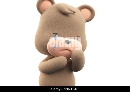 Trauriger und weinender Teddybär. Teddybär mit Tränenfluss isoliert auf weißem Hintergrund 3D-Rendering. Stockfoto