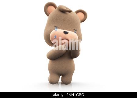 Trauriger und weinender Teddybär. Teddybär mit Tränenfluss isoliert auf weißem Hintergrund 3D-Rendering. Stockfoto