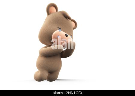 Trauriger und weinender Teddybär. Teddybär mit Tränenfluss isoliert auf weißem Hintergrund 3D-Rendering. Stockfoto