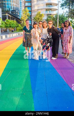 Sydney, Australien 25. Februar 2023: Sydney hat den Regenbogenteppich für Besucher der Stadt mit World Pride und LGBTIQA+ Regenbögen und Farben überall aufgestellt, einschließlich dieses Regenbogenpfads in Barangaroo. World Pride Sydney läuft bis März 5. Kredit: Stephen Dwyer Alamy Live News Stockfoto