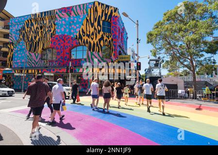 Sydney, Australien 25. Februar 2023: Sydney hat den Regenbogenteppich für Besucher der Stadt mit World Pride und LGBTIQA+ Regenbögen und Farben überall hergerichtet, einschließlich dieser permanenten Regenbogenüberquerung am Taylors Square. World Pride Sydney läuft bis März 5. Kredit: Stephen Dwyer Alamy Live News Stockfoto