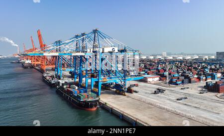 Qinzhou. 25. Februar 2023. Dieses Luftfoto wurde am 25. Februar 2023 aufgenommen und zeigt einen automatischen Containerterminal am Hafen von Qinzhou in Südchina in der Autonomen Region Guangxi Zhuang. Zum 23. Februar dieses Jahres wurden auf dem neuen internationalen Land-See-Handelskorridor 107.000 TEU-Container mit den intermodalen Schienen-See-Güterzügen transportiert, was einem Anstieg von 9,25 % im Jahresvergleich entspricht. Kredit: Zhang Ailin/Xinhua/Alamy Live News Stockfoto