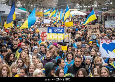 24. Februar 2023, Hessen, Frankfurt/Main: Demonstranten laufen mit Flaggen und Plakaten durch die Frankfurter Innenstadt. Mehrere tausend Menschen erinnerten sich an den Beginn der russischen Invasion der Ukraine. Die russische Armee war am 24.02.2022 in die Ukraine eingedrungen. Foto: Frank Rumpenhorst/dpa Stockfoto