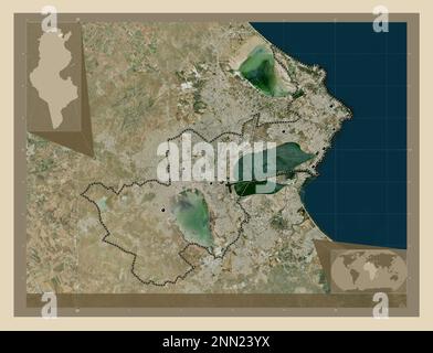 Tunis, tunesische Regierung. Hochauflösende Satellitenkarte. Standorte der wichtigsten Städte der Region. Eckkarten für zusätzliche Standorte Stockfoto