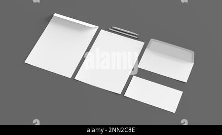 Leeres Firmenpapier mit Umschlägen, Papierbogen, Stift und Bleistift auf grauem Hintergrund. Branding-Mock-Up. Seitenansicht Stockfoto