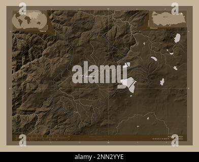 Ardahan, Provinz Turkiye. Höhenplan in Sepia-Tönen mit Seen und Flüssen. Standorte und Namen der wichtigsten Städte der Region. Ecke au Stockfoto