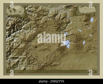 Ardahan, Provinz Turkiye. Höhenkarte im Wiki-Stil mit Seen und Flüssen. Standorte und Namen der wichtigsten Städte der Region. Ecke Zusatzgeräte Stockfoto