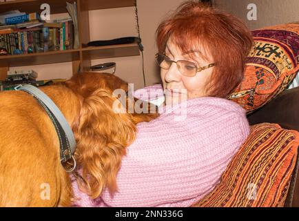 73 Jahre alte Seniorin und ihr Cockerspaniel Hund schauen sich aus nächster Nähe mit Liebe an. Stockfoto