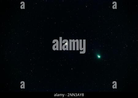 Astrofotografie des Grünen Kometen C/2022 E3 (ZTF) neben ? Aurigae, 10 Sekunden aufgezeichnet bei ISO 10000 mit 800mm und F11 am 8. Februar 2023, Riedstadt, Stockfoto