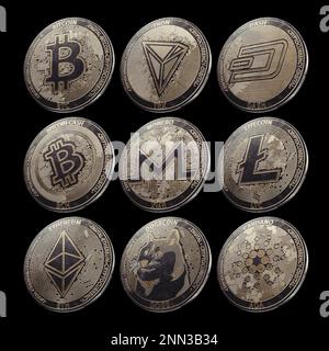 Eine Sammlung physischer Kryptowährungsbitmünzen, ethereum, monero, tron, cardano, doge, Armatur und Litecoin in Bronze- und Silbermünzform auf einer dunklen St. Stockfoto