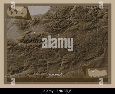 Bolu, Provinz Turkiye. Höhenplan in Sepia-Tönen mit Seen und Flüssen. Standorte der wichtigsten Städte der Region. Ecke Zusatzposition Stockfoto