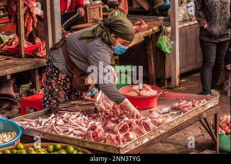 Eine kambodschanische Rohfleischverkäuferin, die während der COVID-19-Pandemie eine Gesichtsschutzmaske trug. Kandal Market, Phnom Penh, Kambodscha. © Kraig Stockfoto