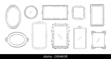 Rahmen, Spiegelset im handgezeichneten Stil. Bilderrahmen-Etiketten im Vintage-Stil. Leere schwarze quadratische Beschriftung elegante Skizzen. Umrandet Fotorahmen. Stock Vektor