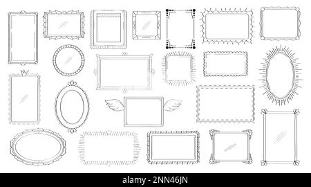 Rahmen, Spiegelset im handgezeichneten Stil. Bilderrahmen-Etiketten im Vintage-Stil. Leere schwarze quadratische Beschriftung elegante Skizzen. Umrandet Fotorahmen. Stock Vektor