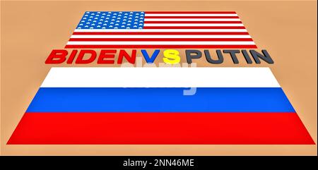 Biden gegen putin. Inschrift zwischen den Flaggen der USA und Russlands als Symbol des Krieges auf dem Territorium der Ukraine. 3D-Rendering. Stockfoto