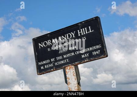 Normandy Hill, Straßenschild in St Budeaux, Plymouth UK. Markierung der Route Nr. 23 der US-Armee im Juni 1944 für die Landungen am D-Day der Normandie im Jahr WW2. Benannt nach Stockfoto