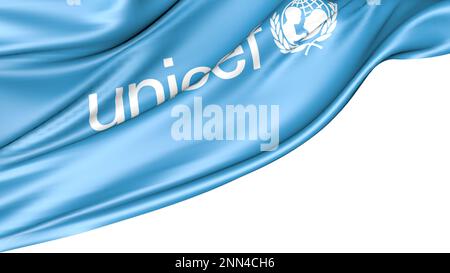 Flagge von UNICEF. Isoliert auf weißem Hintergrund, 3D-Abbildung Stockfoto