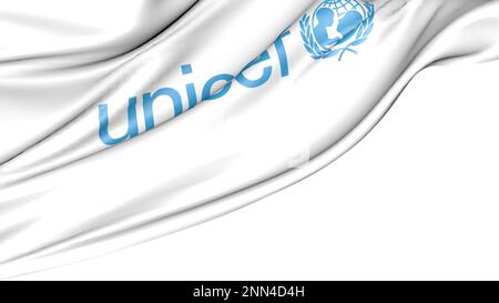 Flagge von UNICEF. Isoliert auf weißem Hintergrund, abbildung 3D Stockfoto