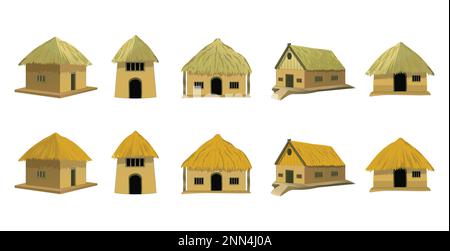 Afrikanischer Stil, traditionelle Hauskollektion, Bungalow mit strohgedeckten Dachvektoren. Stock Vektor