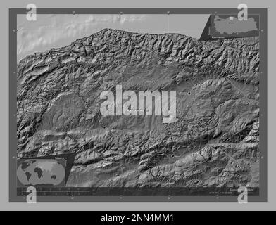 Kastamonu, Provinz Turkiye. Bilevel-Höhenkarte mit Seen und Flüssen. Standorte und Namen der wichtigsten Städte der Region. Ecke Zusatzposition Stockfoto