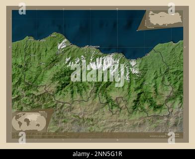 Trabzon, Provinz Turkiye. Hochauflösende Satellitenkarte. Standorte und Namen der wichtigsten Städte der Region. Eckkarten für zusätzliche Standorte Stockfoto