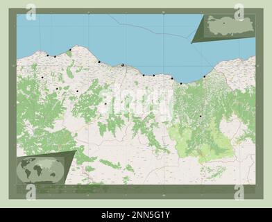 Trabzon, Provinz Turkiye. Straßenkarte Öffnen. Standorte der wichtigsten Städte der Region. Eckkarten für zusätzliche Standorte Stockfoto