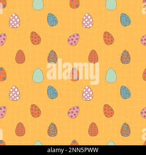 Groovy Hippie Happy Easter Nahtloses Muster. Osterhintergründe im trendigen Retro-60s 70s-Cartoon-Stil Stock Vektor