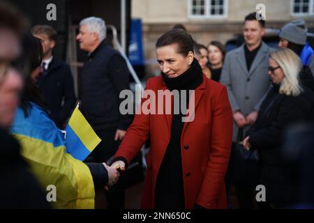 Thibault Savary / Le Pictorium - Pro-Ukraine-Demonstranten versammelten sich vor der russischen Botschaft in Kopenhagen, Dänemark. - 24/2/2023 - Dänemark / Kopenhagen - Am Freitag, den 24. Februar, versammelten Sich Einhundert ukrainische Unterstützer vor der russischen Botschaft in Kopenhagen, um das erste Jahr des Konflikts in Anwesenheit der dänischen Premierministerin Mette Frederiksen und der ukrainischen Botschafterin in Dänemark zu feiern; Der mit der Galerie sprach. Ein aufgezeichnetes Video von Volodolyr Zelenskyj wurde auf eine riesige Leinwand projiziert. Stockfoto