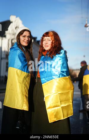 Thibault Savary / Le Pictorium - Pro-Ukraine-Demonstranten versammelten sich vor der russischen Botschaft in Kopenhagen, Dänemark. - 24/2/2023 - Dänemark / Kopenhagen - Am Freitag, den 24. Februar, versammelten Sich Einhundert ukrainische Unterstützer vor der russischen Botschaft in Kopenhagen, um das erste Jahr des Konflikts in Anwesenheit der dänischen Premierministerin Mette Frederiksen und der ukrainischen Botschafterin in Dänemark zu feiern; Der mit der Galerie sprach. Ein aufgezeichnetes Video von Volodolyr Zelenskyj wurde auf eine riesige Leinwand projiziert. Stockfoto