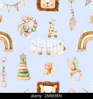 Wasserfarbenes, umweltfreundliches Spielzeugmuster. Handgezeichnete Illustration mit Regenbogen, Löwen, Giraffe als Stoff, Geschenkpapier auf perryfarbenem Hintergrund Stockfoto