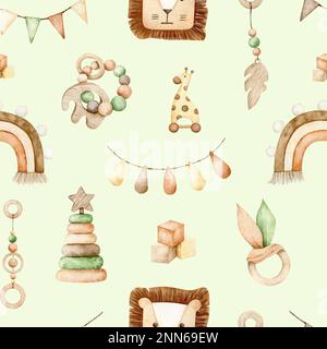 Wasserfarbenes, umweltfreundliches Spielzeugmuster. Handgezeichnete Illustration mit Bo-Regenbogen, Löwe, Giraffe als Stoff, Geschenkpapier auf grünem Hintergrund Stockfoto