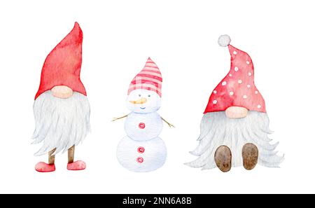 Bezaubernder Weihnachtsschneefahrer und skandinavischer Elf, Aquarell-Illustration auf einem isolierten weißen Hintergrund Stockfoto