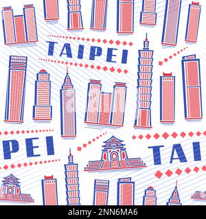 Vector Taipei Seamless Pattern, quadratischer, wiederholter Hintergrund mit einer Illustration der berühmten modernen stadtlandschaft taipeh auf weißem Hintergrund für Geschenkpapier, Stock Vektor