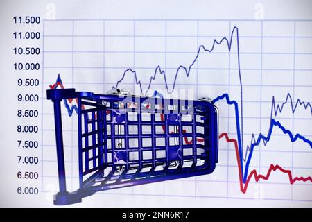 Warenkorb in einem Finanzdiagramm, Konzept der Ausgaben. Stockfoto