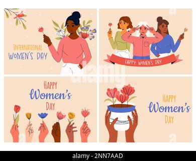 Sammlung von Grußkarten- oder Postkartenvorlagen. 8. märz, Internationaler Frauentag. Mädchenmacht, Feminismus, Schwesternschaft Stock Vektor