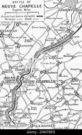 Ein Plan der Schlacht von Neuve Chapelle, c1922. Die Schlacht von Neuve Chapelle (10. Bis 13. März 1915) fand während des Ersten Weltkriegs in der französischen Region Artois statt. Der Angriff sollte einen Riss in den deutschen Linien verursachen. Stockfoto