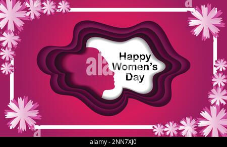 Happy Women's Day Papierschnitt Vektor, Damentag Grußkarte, rechteckiger Rahmen mit Blumen. Stock Vektor