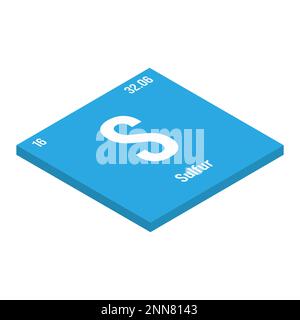 Schwefel, S, periodisches Tabellenelement mit Name, Symbol, Atomzahl und Gewicht. Nichtmetall mit verschiedenen industriellen Verwendungszwecken, z. B. in Düngemitteln, bestimmten Medikamenten und als Bestandteil bestimmter Arten von Sprengstoffen. Stock Vektor