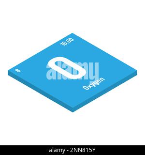 Sauerstoff, O, Periodenelement mit Name, Symbol, Atomzahl und Gewicht. Nichtmetall mit verschiedenen industriellen Einsatzmöglichkeiten, wie z.B. in der Stahlproduktion, in der medizinischen Therapie und als Füllgas in bestimmten Arten von Isolierungen. Stock Vektor