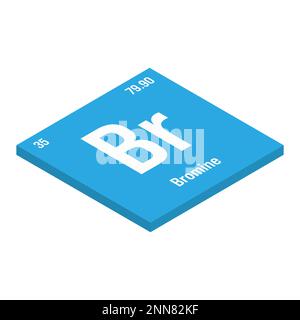 Brom, Br, Periodenelement mit Name, Symbol, Atomzahl und Gewicht. Halogen für verschiedene industrielle Anwendungen, z. B. in Flammschutzmitteln, Wasseraufbereitung und als Begasungsmittel in der Landwirtschaft. Stock Vektor