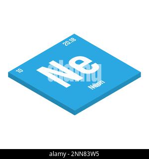 Neon, Ne, Periodenelement mit Name, Symbol, Atomzahl und Gewicht. Inertgas mit verschiedenen industriellen Verwendungszwecken, wie z. B. in Beleuchtung, Lasern und als Füllgas in bestimmten Arten von Isolierung. Stock Vektor