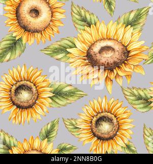 Wasserfarbenes nahtloses Muster mit Sonnenblumen auf grauem Hintergrund für das Design von Stoffen, Tapeten, Textilien, Verpackungen, Bannern, Soziale Medien und Stockfoto