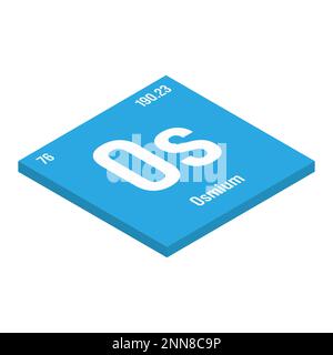 Osmium, OS, Periodenelement mit Name, Symbol, Atomzahl und Gewicht. Übergangsmetall für verschiedene industrielle Anwendungen, z. B. in Füllfederfederspitzen, elektrischen Kontakten und als Bestandteil bestimmter Legierungen. Stock Vektor
