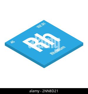 Rhodium, Rh, Periodenelement mit Name, Symbol, Atomzahl und Gewichtung. Übergangsmetalle mit verschiedenen industriellen Verwendungszwecken, z. B. in Katalysatoren, Schmuck und als Bestandteil bestimmter Glasarten. Stock Vektor