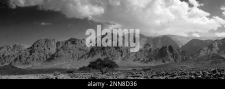 Blick über die felsige Hamada-Landschaft in Wadi Feynan, Al-Sharat, Wadi Araba-Wüste, Südmitte Jordanien, Naher Osten. Stockfoto